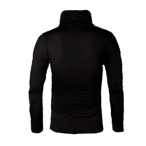Front view of black men's slim fit turtleneck sweater with ribbed knit texture