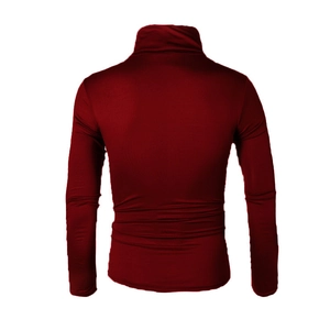 Rear view of slim fit burgundy turtleneck sweater with smooth knit texture for men