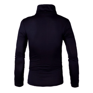 Rear view of men's slim fit black turtleneck sweater showing shoulder and back details
