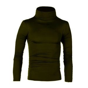 Slim fit men's turtleneck knit sweater in dark olive green with a sleek ribbed texture