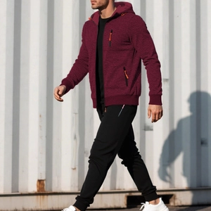 Survêtement homme bordeaux à capuche, zips orange et pantalon de sport noir