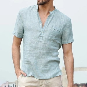 Men's mint green linen cotton t-shirt with Henley collar and single chest pocket