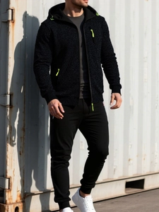 Survêtement noir pour homme avec fermeture éclair vert fluo et pantalon de jogging tricoté