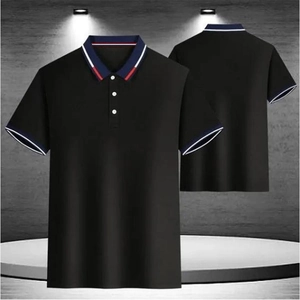 Vues avant et arrière du polo noir pour hommes avec col et poignets rayés contrastés