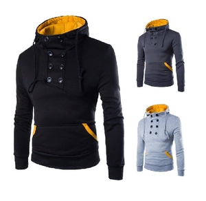 Detail view of men's slim fit hoodie featuring double-breasted collar and yellow contrast trim