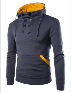 Detailed close-up of slim fit double-breasted hoodie with contrast yellow lining