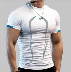 Detail of men's athletic compression tee with blue contrast trim and geometric chest print