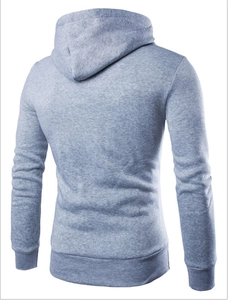 Rear view of a light gray slim fit hoodie showing high-quality knitted fleece texture