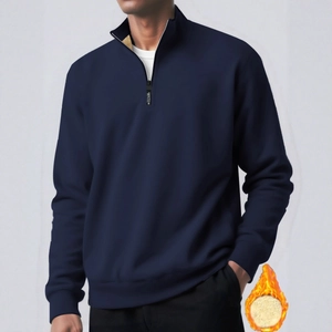 Men's navy blue fleece-lined sweatshirt with half-zip stand collar for winter warmth