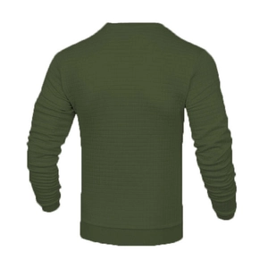 Détail de la texture gaufrée vert armée avec poignets côtelés sur ce sweat-shirt homme