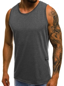 Detailed view of dark grey slim fit sports vest featuring knit texture and brand tag