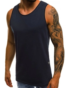 Detail of slim-fit navy blue men's tank top showing ribbed texture and side label