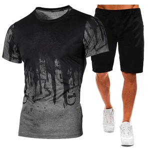 Men's athletic set with grey gradient splash print t-shirt and black drawstring shorts
