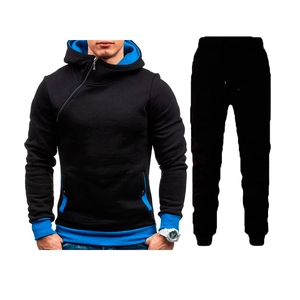 Men's autumn track suit with asymmetric zipper hoodie and matching joggers in black and blue
