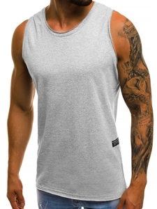Detailed macro shot of grey slim-fit sport tank top showing knit texture and side label