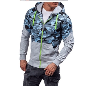 Men's casual camouflage patchwork hoodie with fluorescent green drawstrings and zipper