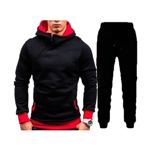 Men's athletic tracksuit with diagonal zipper hoodie and joggers in black and red