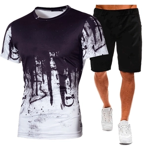 Men's summer fitness set featuring black and white gradient ink splash printed T-shirt