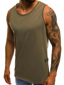 Close-up of olive green slim fit men's tank top with breathable fabric and side brand label