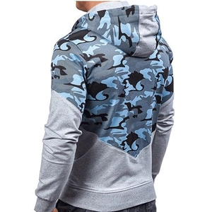 Rear view of men's spring hoodie featuring camo patchwork and grey knit fabric