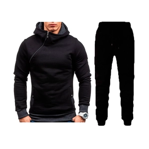 Men's black sportswear set with asymmetric diagonal zipper hoodie and matching joggers