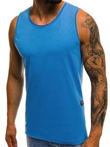 Close-up of slim fit royal blue tank top with reinforced seams and side woven label