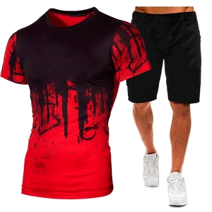 Men's summer sports set with red and black gradient splatter print T-shirt and shorts