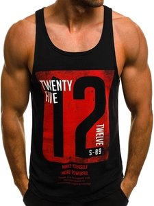 Detail of men's fitness tank top featuring bold red graphic print and powerful typography