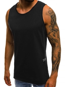Detail of slim-fit men's summer black vest featuring a stylish side woven label design