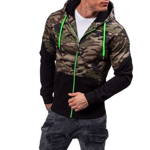 Men's hooded camo patchwork sweatshirt with neon green zipper and casual streetwear style