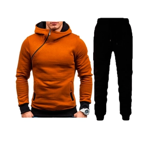 Men's ginger orange hoodie with diagonal zipper and black joggers athletic tracksuit set
