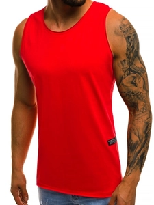 Close-up of slim fit red athletic vest for men with black side label detail