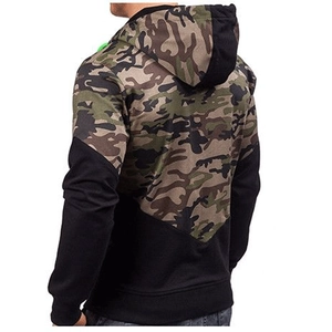 Men's casual long sleeve hoodie with forest camouflage and black spliced design