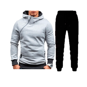 Men's grey asymmetrical side zip hoodie and black jogger pants two-piece tracksuit set