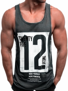 Close-up of men's gym vest featuring bold graphic print and motivational typography