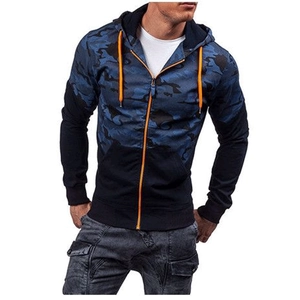 Men's casual camouflage hooded jacket with contrasting blue pattern and orange zippers