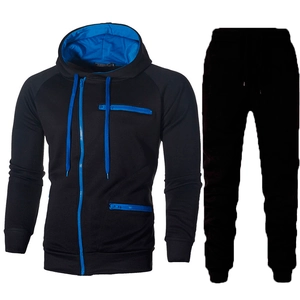 Men's black tracksuit with blue zipper accents, hooded sweatshirt and joggers set