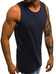 Detailed close-up of slim-fit men's sport vest in navy blue with high-breathable fabric