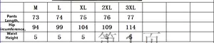 Detailed size chart for men's slim fit jogging pants from size M to 3XL with measurements