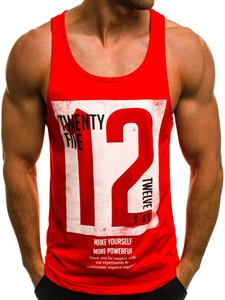 Detail of red gym tank top showing white square graphic print and motivational slogan