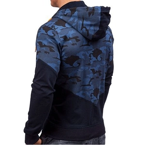 Men's casual hoodie with blue camo patchwork design and bright orange drawstrings