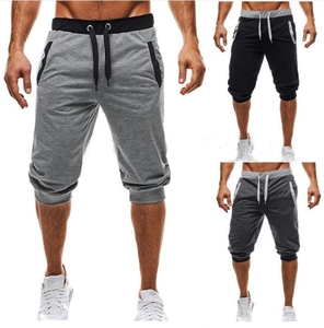 Men's Sporty Casual Polyester Capri Pants Color Block Running Joggers With Zipper Pockets Drawstring Waist Tapered Gym Trousers