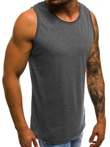Detailed knit texture of grey cotton sleeveless tank top on male model