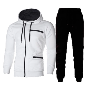 Men's minimalist white hooded tracksuit with zip hoodie and black athletic pants