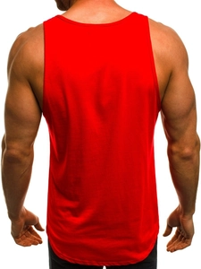 Rear view of men's red fitness tank top featuring a deep cut athletic racerback design