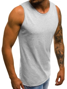 Detail view of heather grey slim fit tank top for men showing breathable cotton texture
