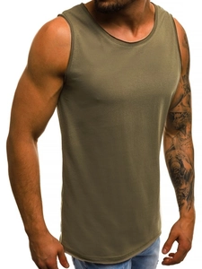 Detail of army green sleeveless vest showing reinforced seams and breathable cotton fabric