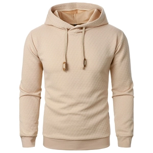 Men's jacquard waffle knit hoodie in beige with drawstring hood and casual style