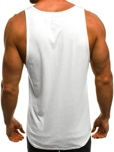 Close-up detail of white fitness tank top featuring U-shaped racerback and curved hemline