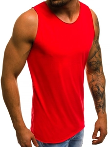 Detail shot of men's red cotton tank top showing the neckline and breathable fabric texture